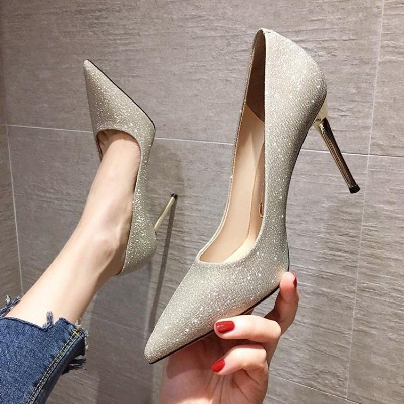 Wear large size pointed high heels summer new stiletto sequins fashion women's shoes fashion single shoes women
