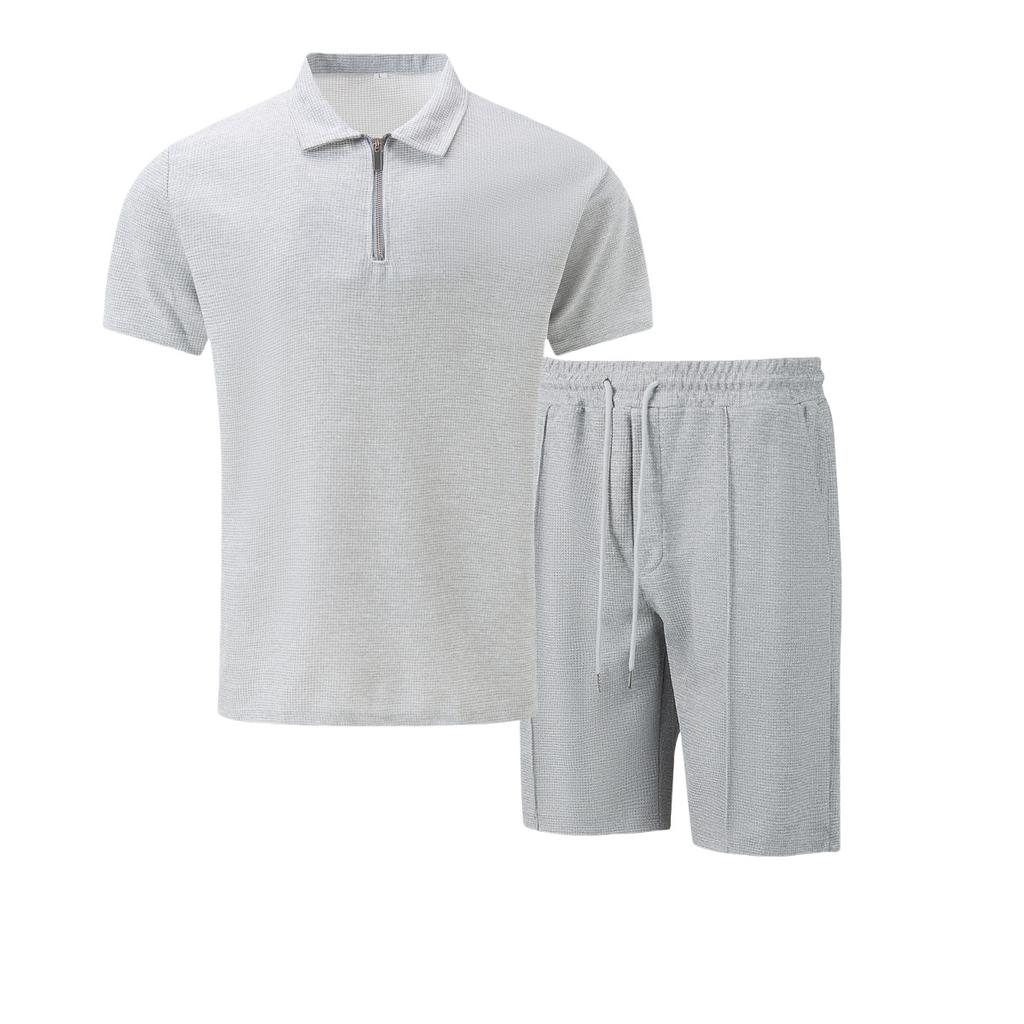 Men's Waffle Zipper Solid Color Short Sleeve Shorts Casual Suit