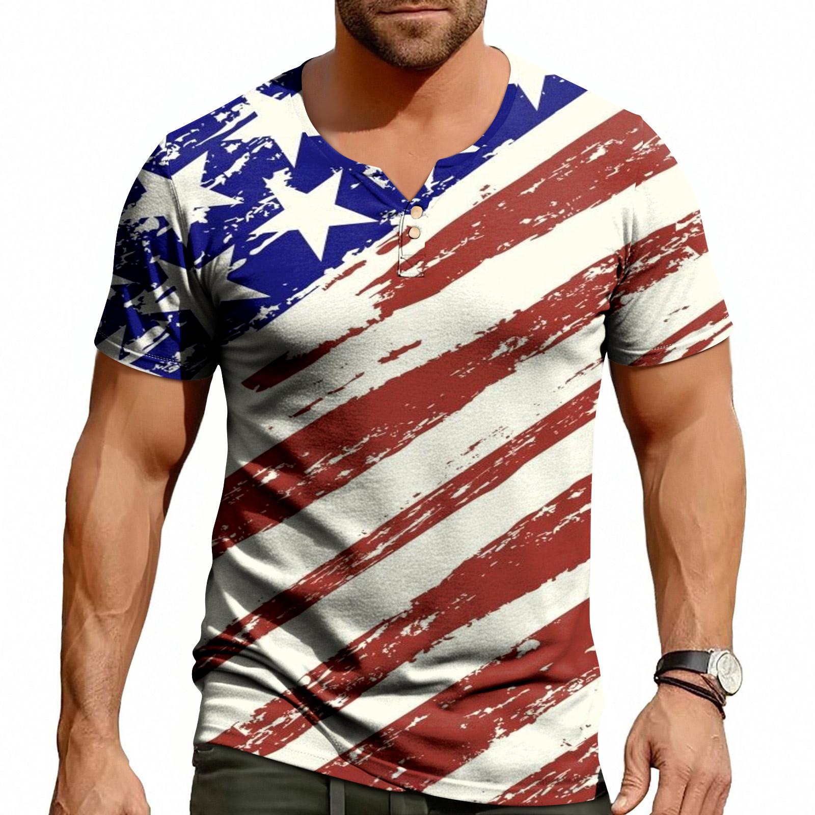 Men s Casual Summer V-neck Short Sleeved Top With Buttons, Independent Day Print Short Sleeved Top S синий