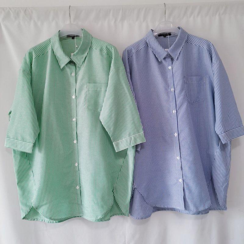 Export Japanese Original Single Cut Label Stand-up Collar Puff Sleeve Half Sleeve Color Stripes Open Shirt Female Mid Length Long Length Lazy