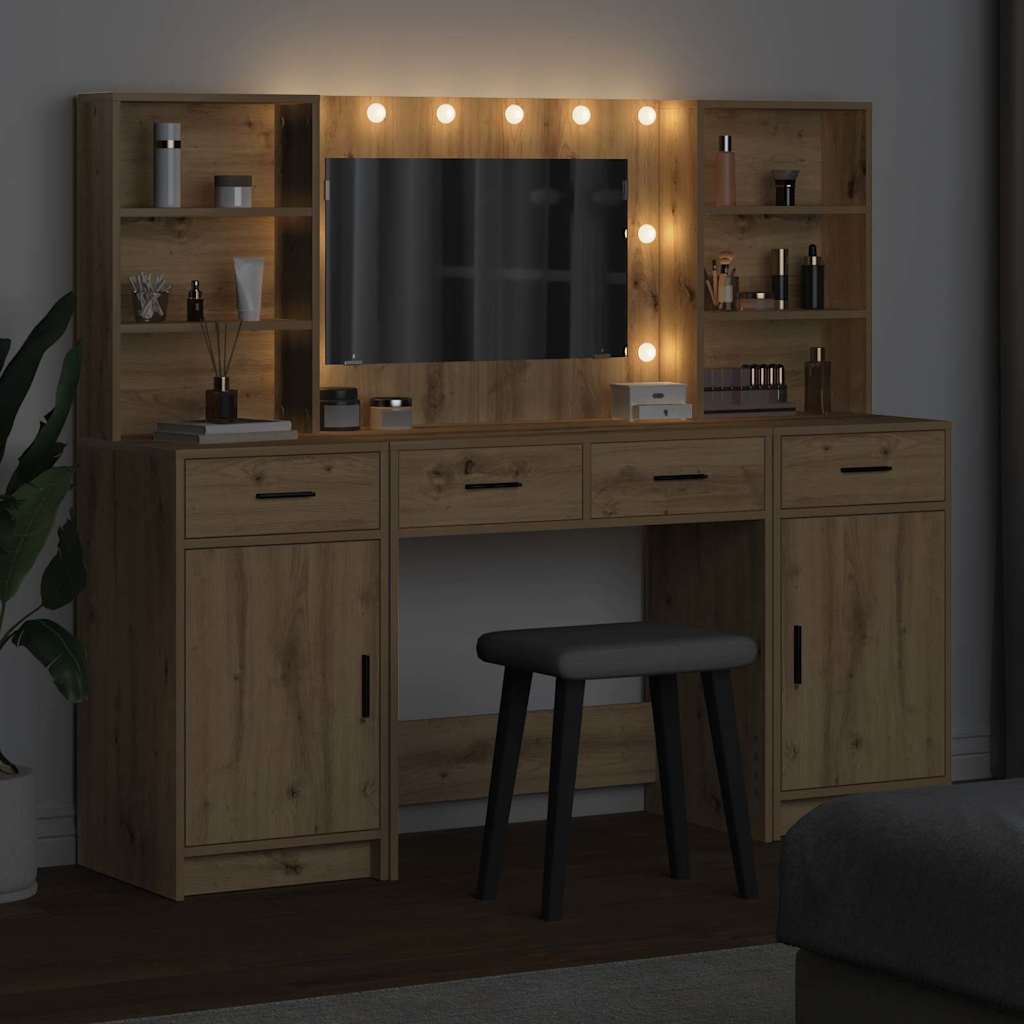Makeup Table Set with LED 3 pcs Artisan Oak Wood Based Material