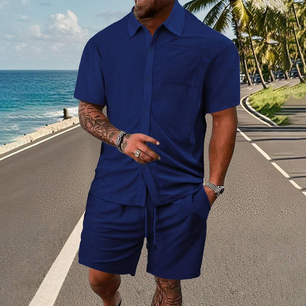 Men's Summer Solid Color Pocket Short Sleeve Button Lapel Shirt Shorts Set