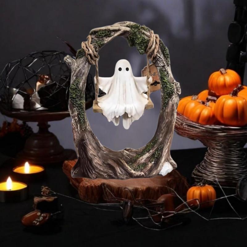 Halloween Swing Ghost Statue Resin Spooky Figurine Ghost Tree Swing Ornament Desktop Bookshelf Garden Patio Lawn Halloween Decor