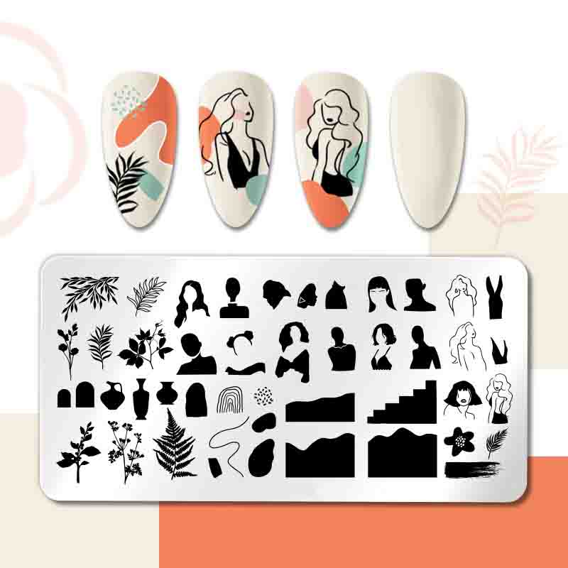1PC Placă de ștanțare a unghiilor Șablon de tablă de artă pentru unghii din oțel inoxidabil Placă de ștampilă pentru imprimare a modelului de frunze de flori.