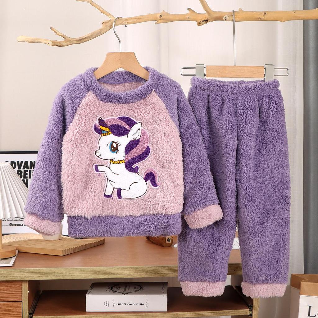 Kids' Flannel Pajama Set - Thick Coral Fleece, Long-Sleeved, One-Piece Sleepwear for Boys & Girls, Perfect for Autumn/Winter.