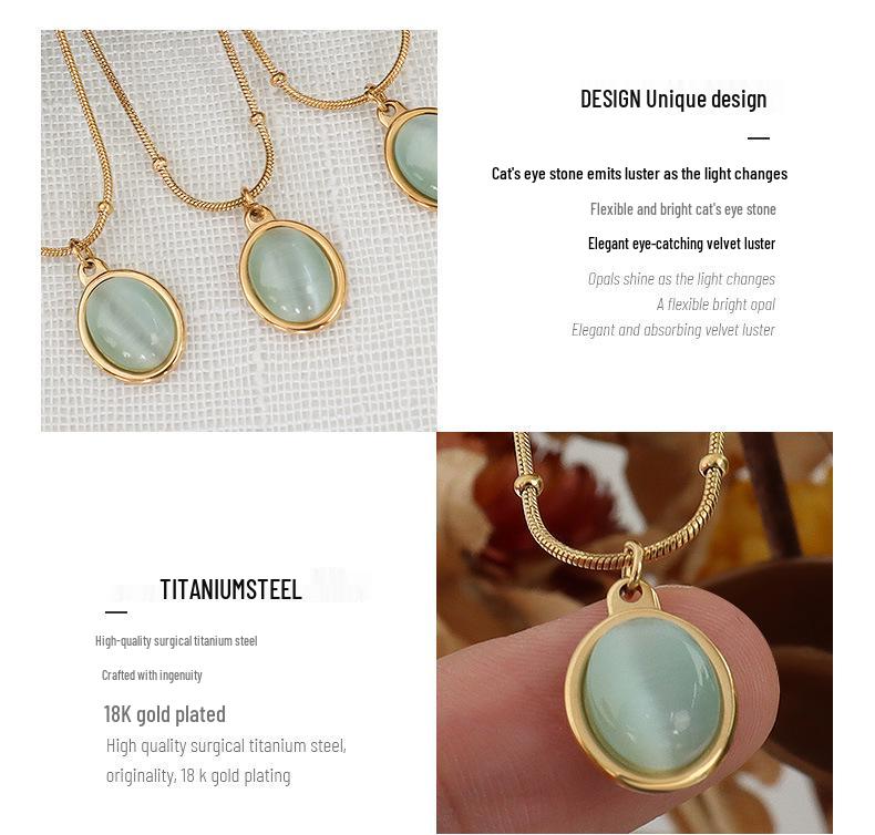 French Retro Clavicle Chain Necklace: 18k Gold-Plated Titanium Steel with Cat's Eye Oval Pendant for Women