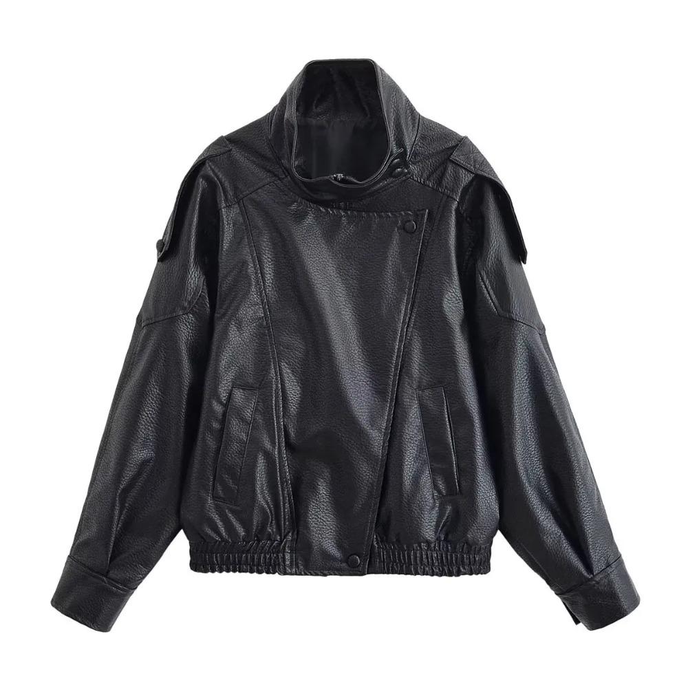 Giacca da Donna Autunnale in Ecopelle Chic con Zip e Revers a Punta Manica Lunga Giacca Capospalla