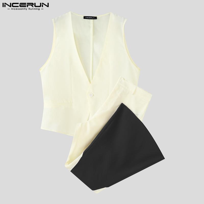INCERUN Two Pieces Men Sleeveless Waistcoats Long Stitching Flare Pants Sets