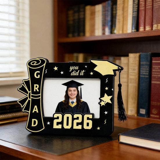 Wooden Photo Frame, Standard Size Graduation Picture Display, Black Gold with Rear Stand, Grad 2026 Picture Holder for Graduation Keepsake