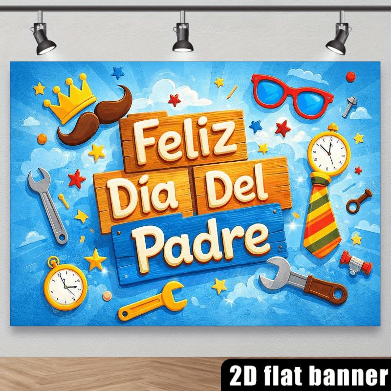 2D Flat Tie Theme Background with Yellow "Feliz D Í a Del Padre" Artistic Font In the Center and Blue Radiation Background