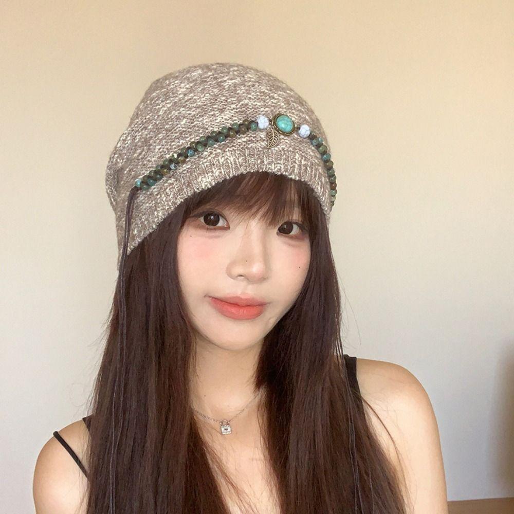 Ethnic Style Bohemian Beanies Hat Coldproof Jacquard Woolen Hat Fashion Beaded Fringed Cap  Female