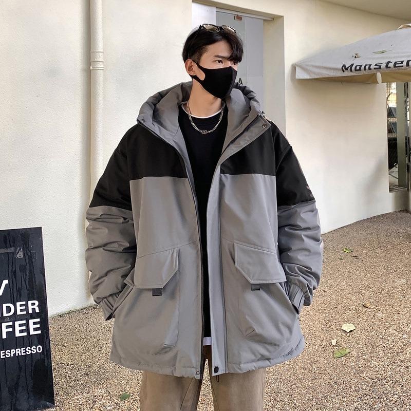 Winter new hooded feather tooling color matching fleece clothing fashionable versatile thickened warm and cold resistant couple jacket