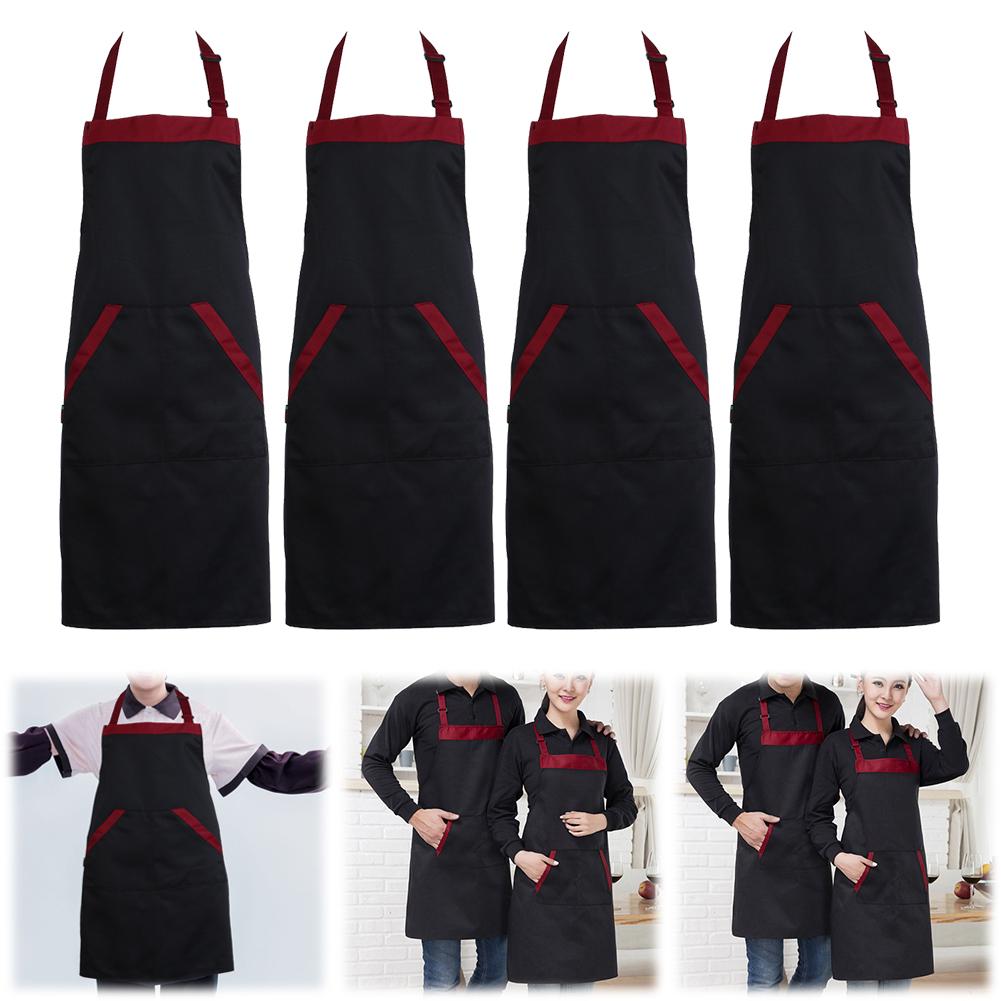 4Pcs Cooking Apron with 2 Pockets Kitchen Apron Black Red Chef Apron Food Service Apron for Hotel Restaurant Kitchen