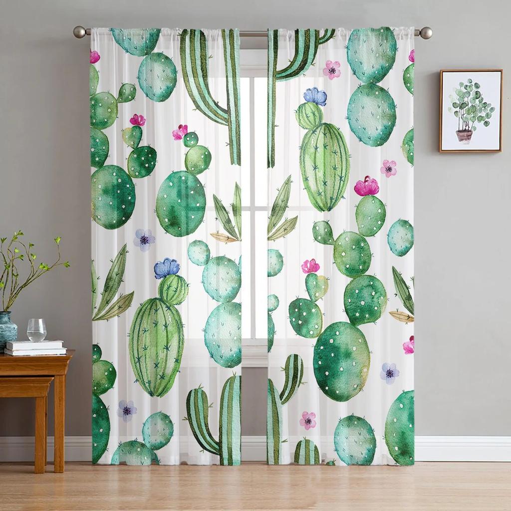 Cactus Watercolor Flowers Green Luxury Tulle Curtains Modern Living Room Kitchen Chiffon Curtain Bedroom Sheer Valance Curtain