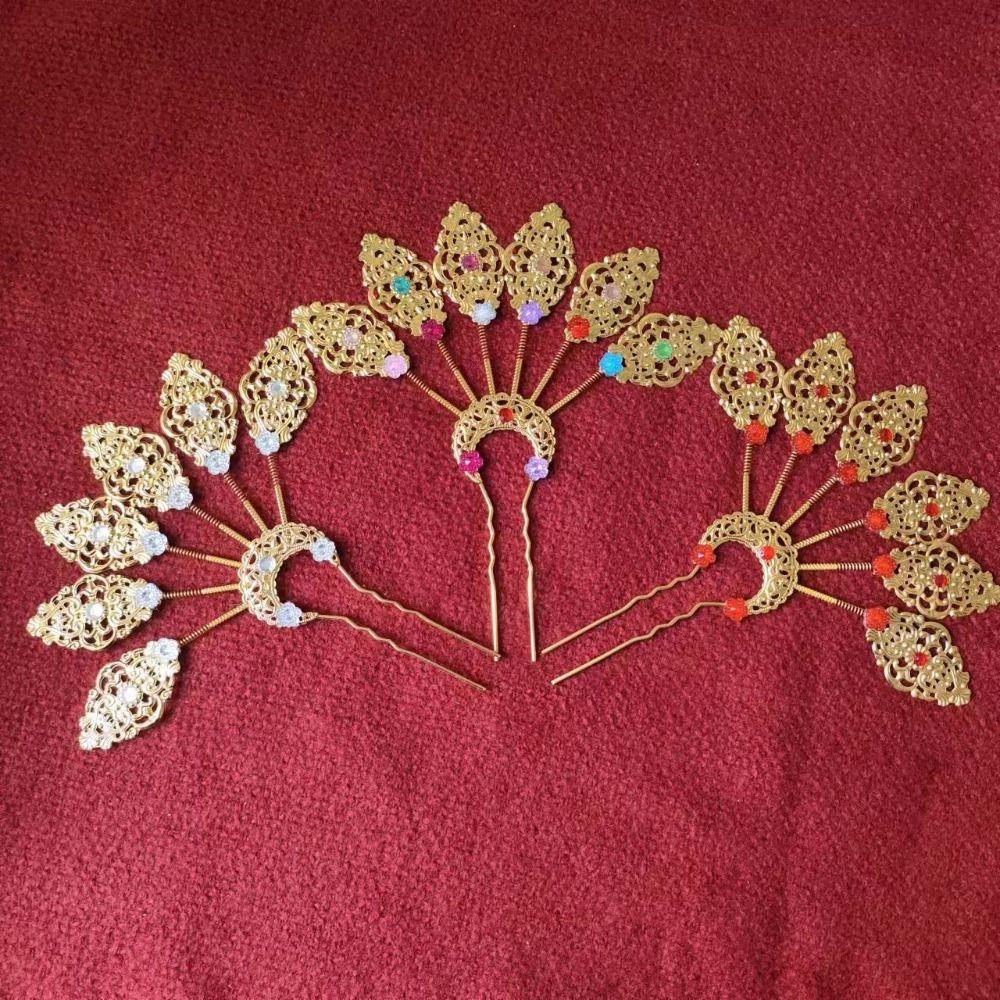 Gold Thai Metal Leaves Hairpin Rhinestone U-shaped Hair Fork Classical Thai Hair Sticks Daily