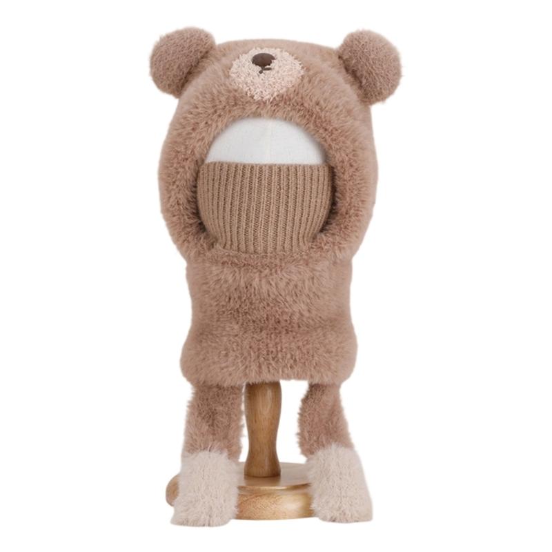 Children Face Cover Brimless Hat Neck Warmer With Cartoon Bear Design Pullover Earflap Hat For Toddler Skiing Hiking