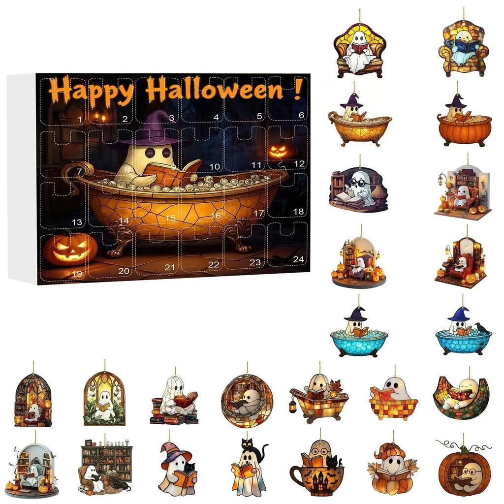 Lesender Geist Acryl Flachanhänger Set Halloween Dekorationen 24 Stile Geist Lesen 2D Ornament 24-Tage Countdown Sammlerstück