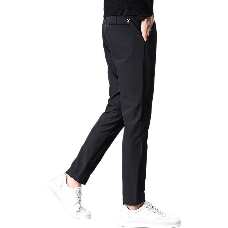 PLAYBOY Casual Pants for Men, Spring And Summer Trousers, Business Slim-Fit Trendy Elastic Long Pants, Black, Size 29