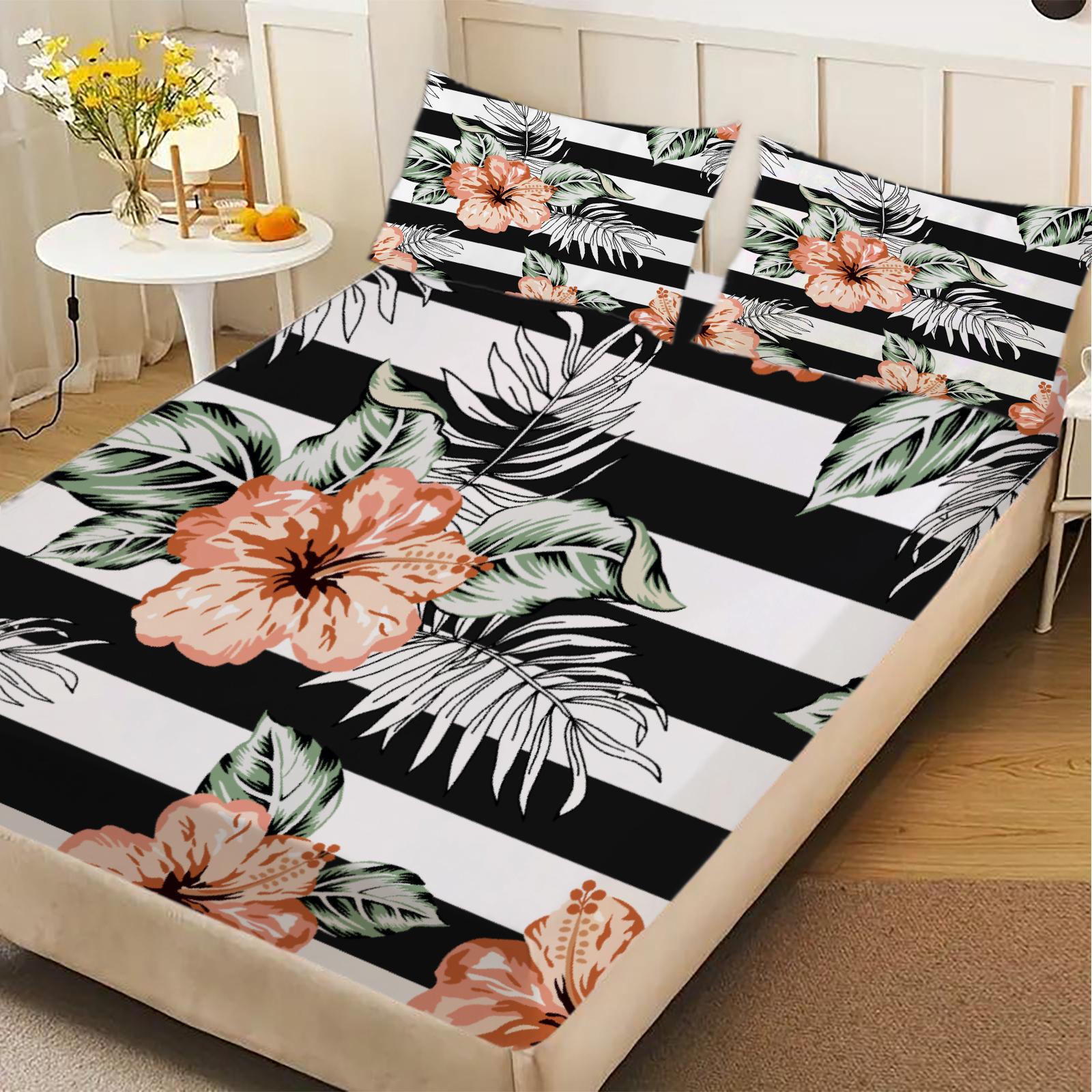 

3pcs Fitted Sheet Set Tropical Floral Stripes Pattern Print Durable Bed Sheet With Pillowcases For Bedroom Decor 99x190x25cm