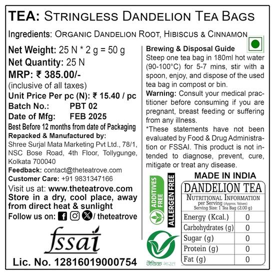 The Tea Trove Organic Dandelion Tea Bags|25 Eco-Friendly Dandelion Root Tea Bags In Resealable Pouch-Caffeine Free Foe Digestion ,0.05 Kilograms