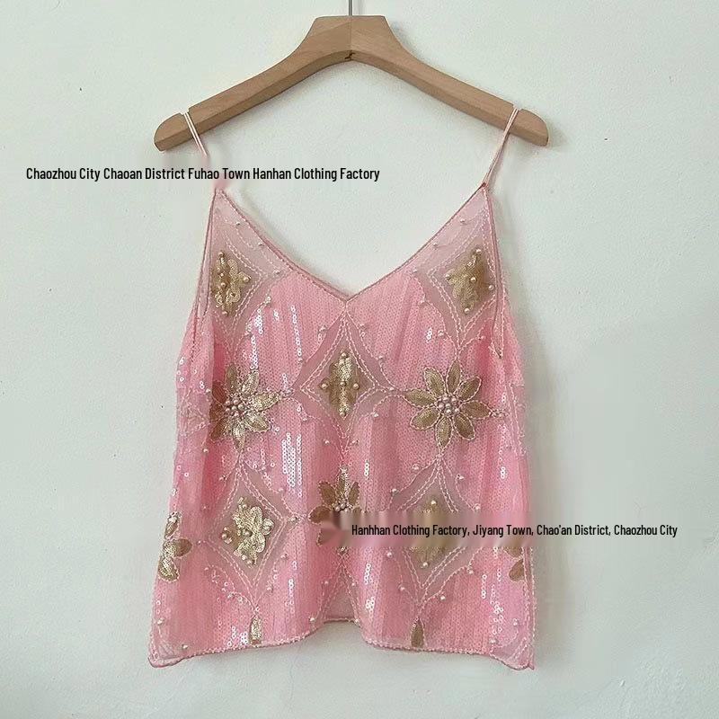 Niche Summer Women s Sequin Beaded Slimming V-Neck Camisole Vest - Elegant and Sexy Style One Size [Fits 80-130 kg]