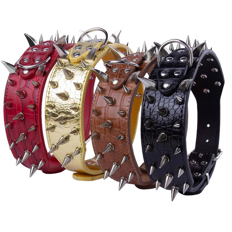 Width 2 Inch Anti-bite Spiked Dog Collars Adjustable PU Leather Necklace Heavy Duty Sharp Rivets Pet Collar Outdoor Dog Walking