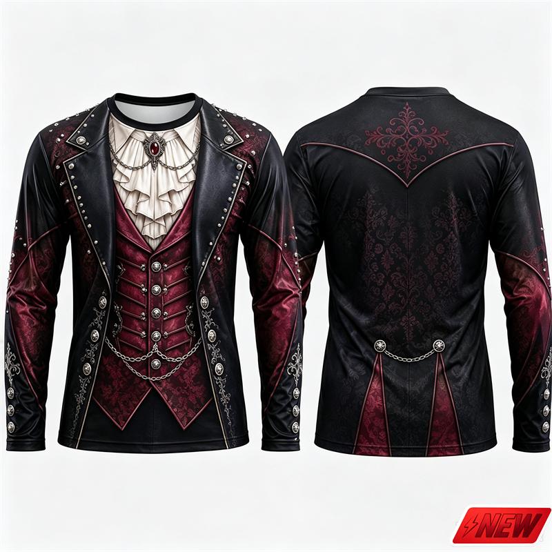 Gothic Vampire Costume Long Sleeve T‑Shirt Men 3D Print Fake Jacket Shirt Graphic Novelty Tee Halloween Cosplay Party Top