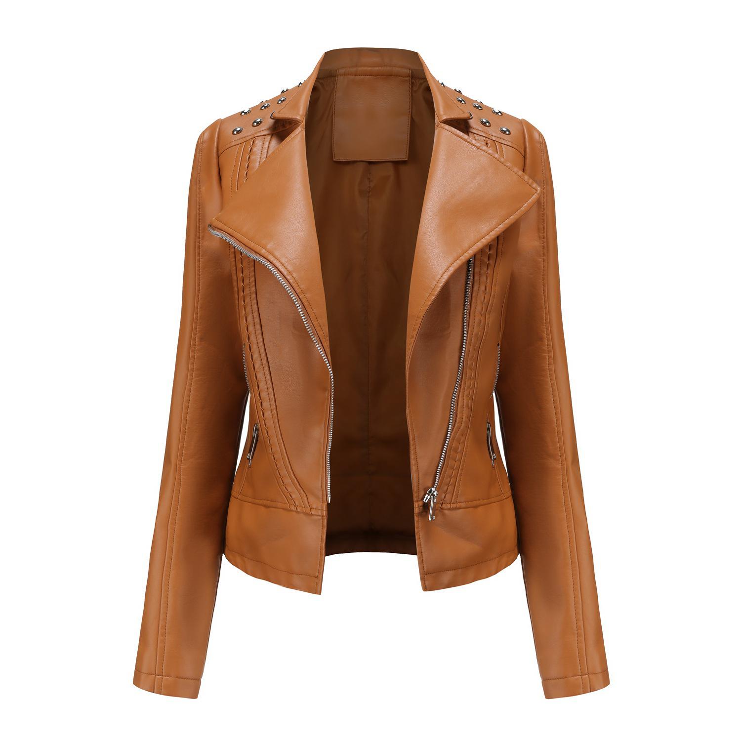 

European Women s Beaded Leather Motorcycle Jacket - Long Sleeve Lapel Fashion for Spring and Autumn M верблюд