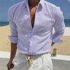 Camisa de Hombre de Seersucker Rayado con Botones Manga Larga Casual Transpirable Verano Playa Oficina Diaria