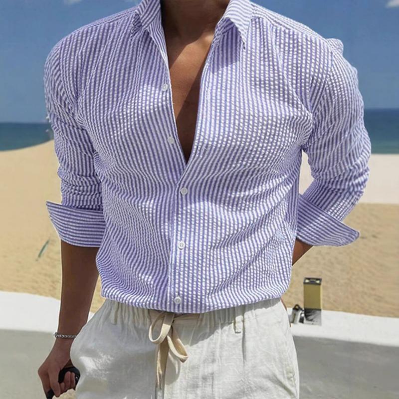 Camisa de Hombre de Seersucker Rayado con Botones Manga Larga Casual Transpirable Verano Playa Oficina Diaria
