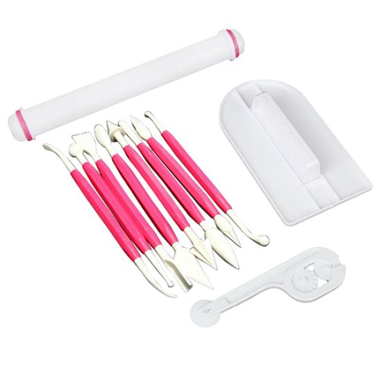11 Pcs Sugarcraft Fondant Smoother Cutter Embosser Baking Rolling Tool Kit Set