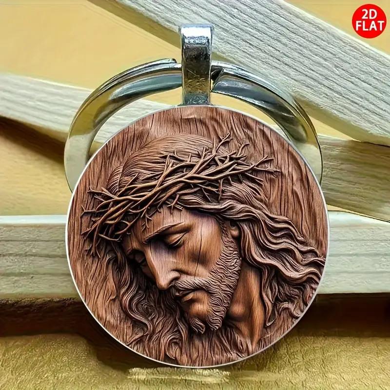 

European Style Jesus Glass Keychain With Artistic Carving Pendant For Gift Giving