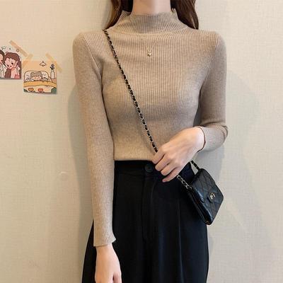 Damen-Pullover, Frühling, Herbst, Winter, halbhoher Kragen, Pullover, Grundierung, Hemd, volle Ärmel, kurz, schmal geschnitten, eng anliegend, gestrickt, schick, solide, Einheitsgröße