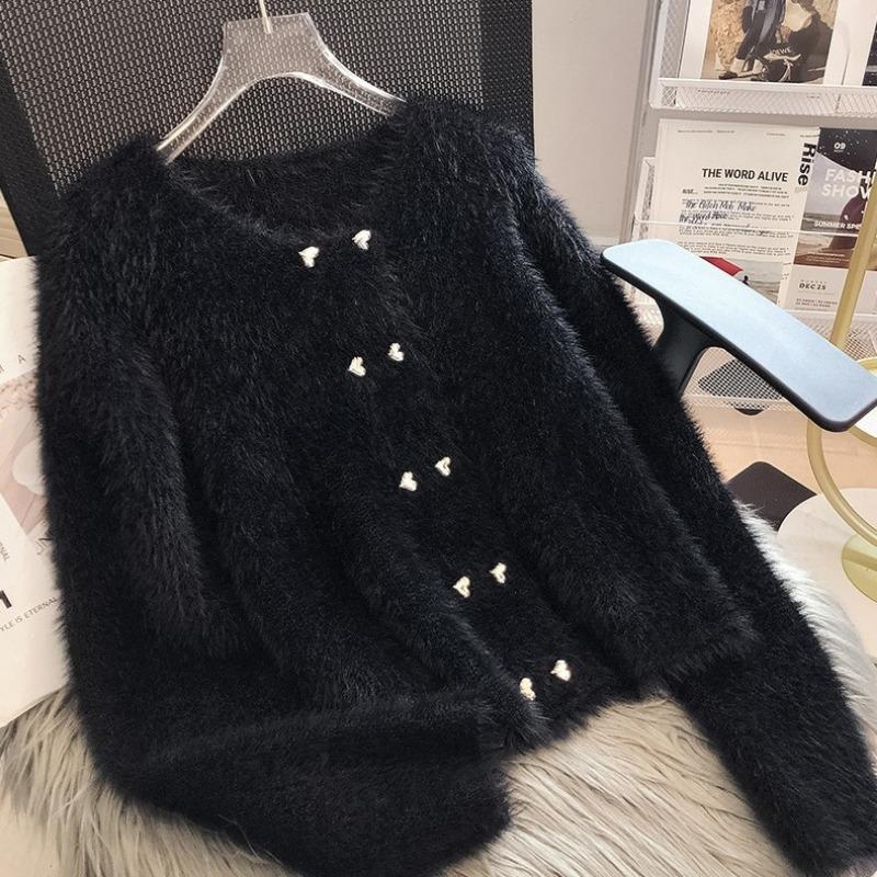 Crew neck imitation mink knitted cardigan women's autumn and winter new gentle temperament thin double-breasted sweater jacket
