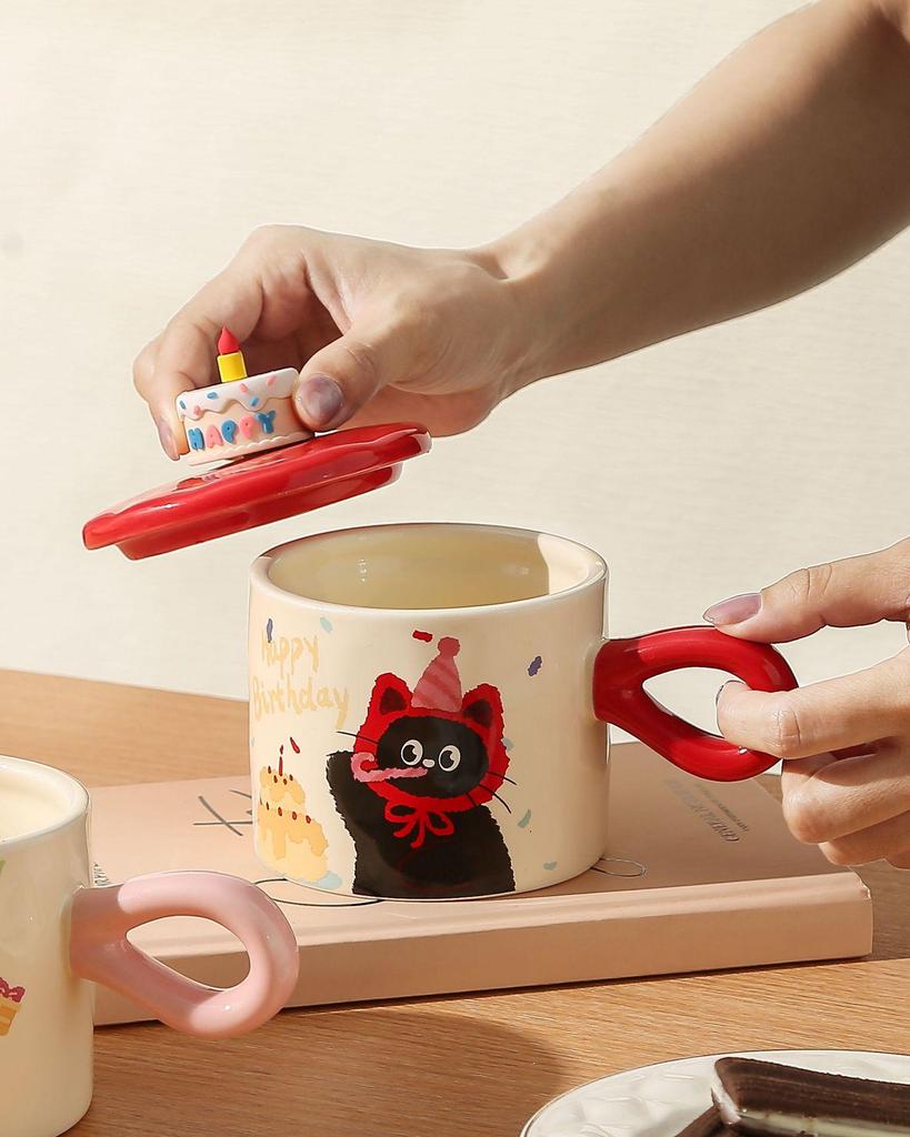 Birthday Cat Ceramic Mug - Cute Cake Design Coffee Cup Souvenir Gift