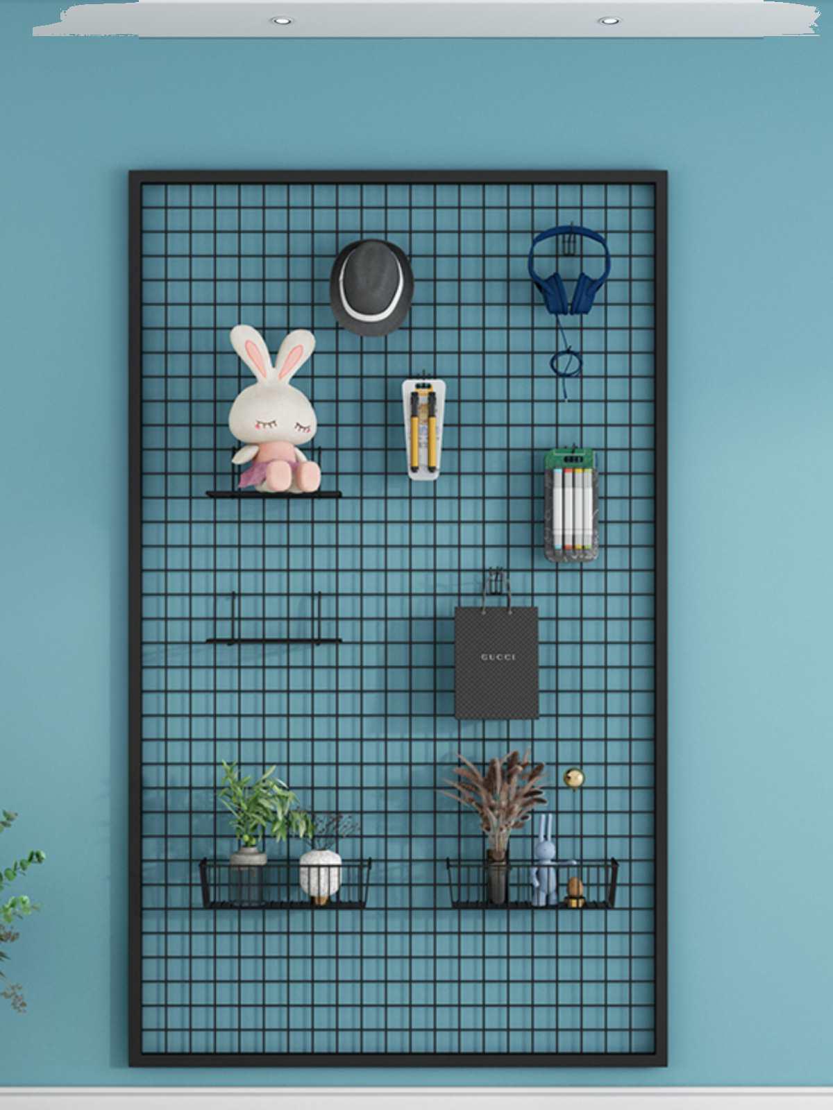 Wrought Iron Mesh Wall-Mounted Storage Rack for Accessories/Ornaments White mesh 100x30 with 10 hooks wall-mounted