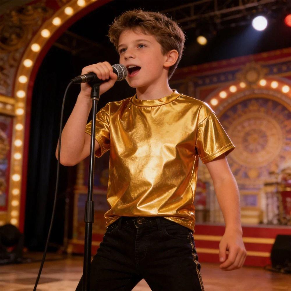 Disco Metallic Top Hip Hop Performance Dancewear Fashion Dance Top Kids Boys Girls