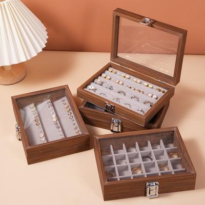 Vintage Walnut Color Jewelry Box Solid Wood with Lid Ring Storage Box Dustproof Transparent Cover Jewelry Display Box Bracelets