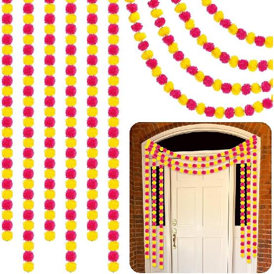 Yunsailing 10 Pcs 5 ft Marigold Garland Day of The Dead Artificial Marigold Flowers Garland for Wedding Indian Diwali Decoration, Dia De Los Muertos Yellow and Purple