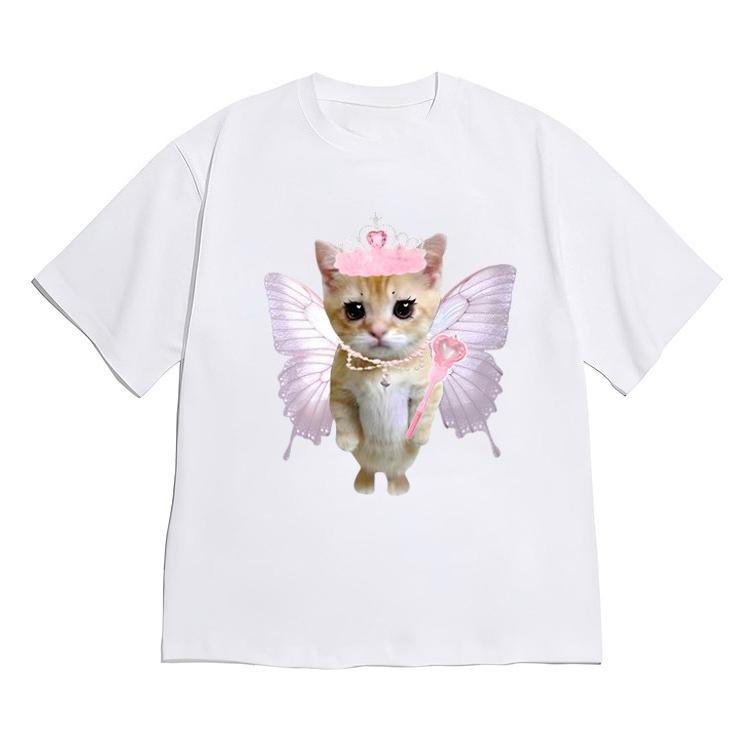 Korean Fashion Kawaii Fairy Princess Cat Tshirt for WOMEN Cute Black Short Sleeve Casual Versatile Crew Neck Tee Minimalist