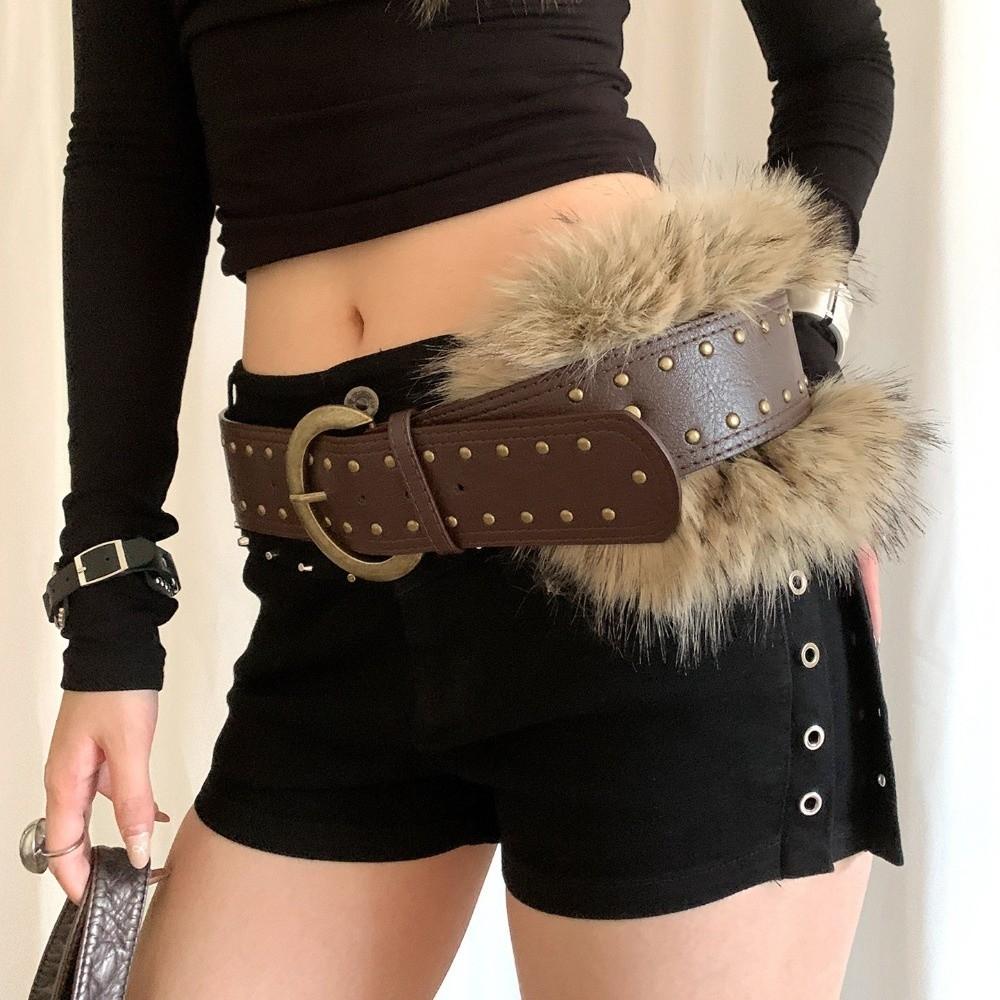 High Quality Retro Punk Belt Faux Fur Wide Women Belt Brown Rivet Fur Belt Women Waist Accessory