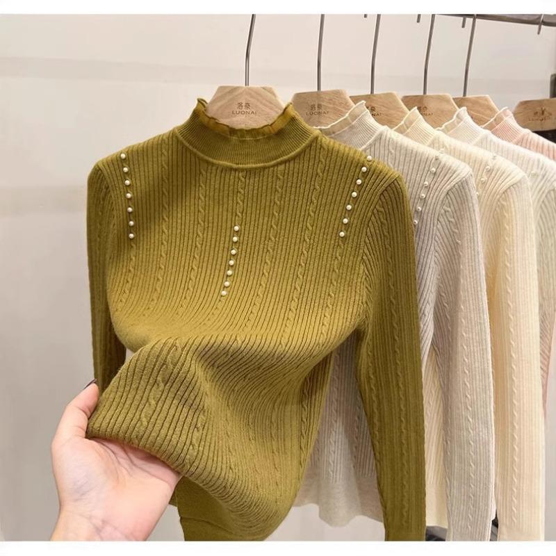 Autumn and winter new semi-turtleneck knitted bottoming shirt top women's twist pearl fashion slim and thin inner sweater