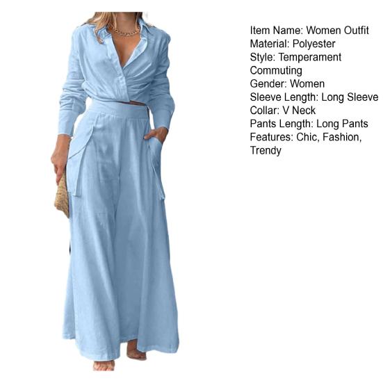 Women's 2 Piece Outfits Casual Long Sleeve Lapel V Neck Crop Shirts Wide Leg Pant Matching Set Fall Spring Travel Lounge Set