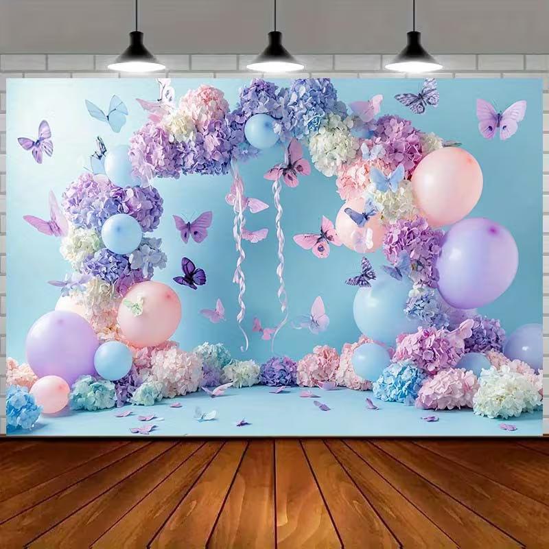 2D Soft Blue and Pink Butterfly Garden Background Cloth Photo Booth Prop