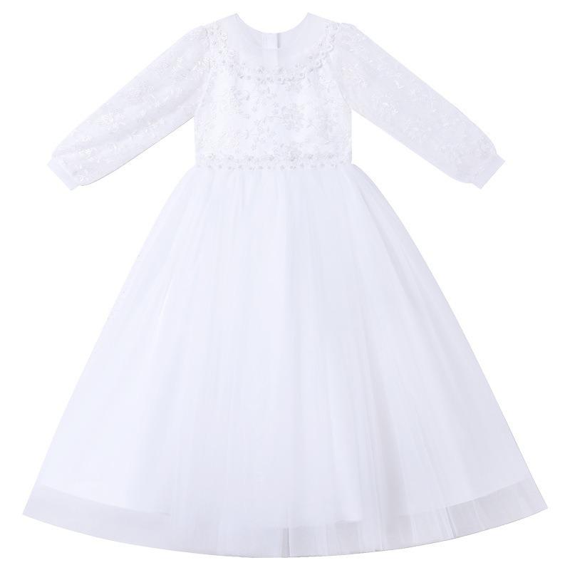 Kids Girls Long Sleeve Embroidered Tulle Puffy Formal Party Dress