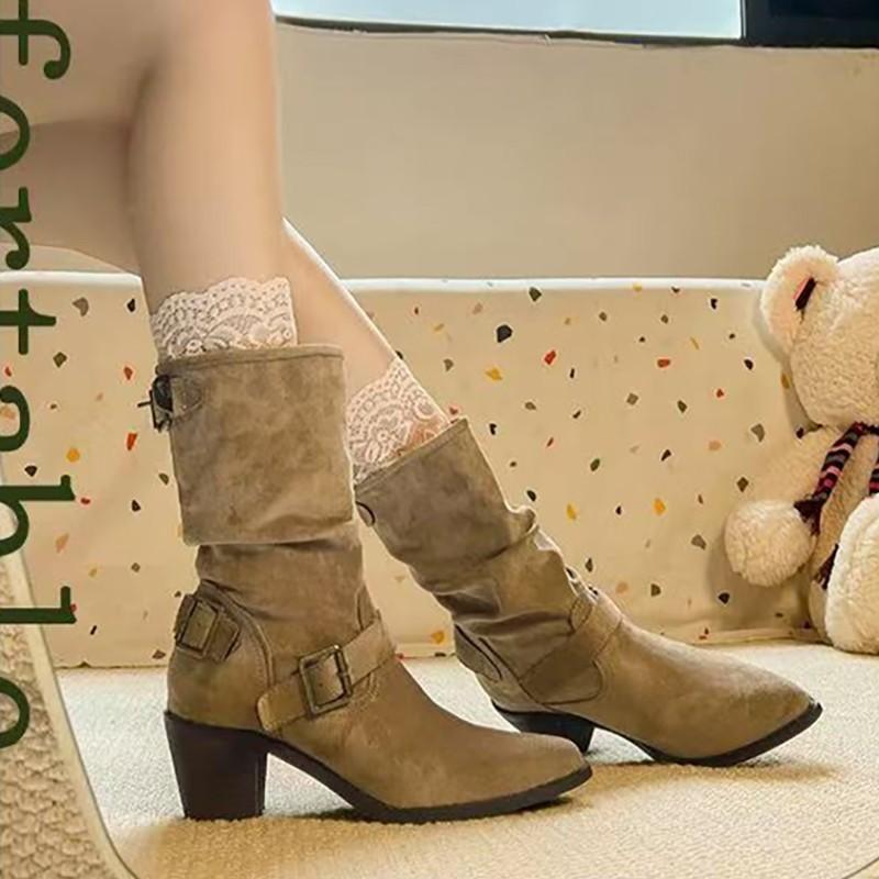 Pointed thick heel white short boots women's new British style belt buckle Martin boots temperament medium tube stack short boots