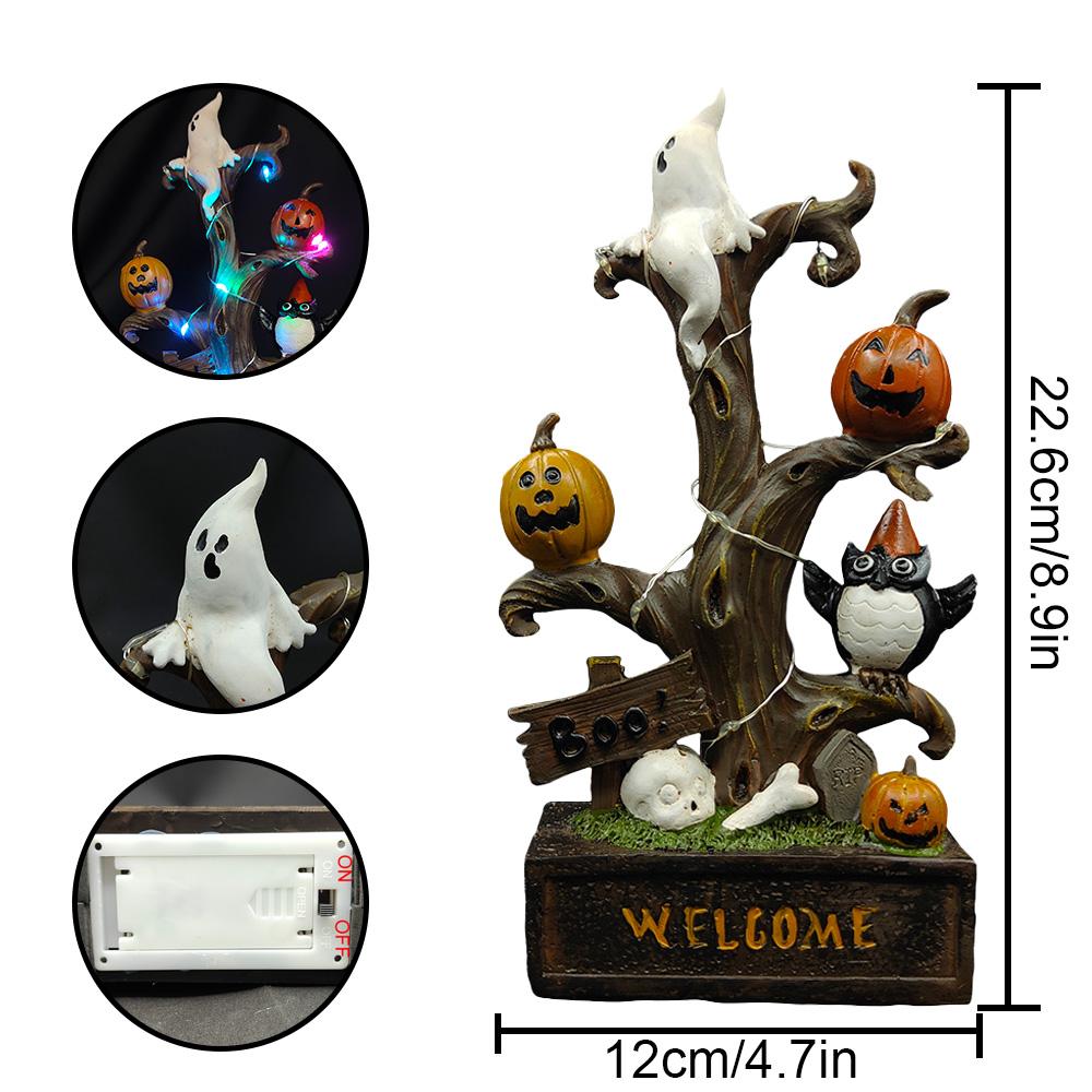 1Pcs Halloween Pumpkin Ghost Tree Atmosphere Colorful Light Luminous Resin Craft Ornaments For Halloween Home Indoor Party Decor