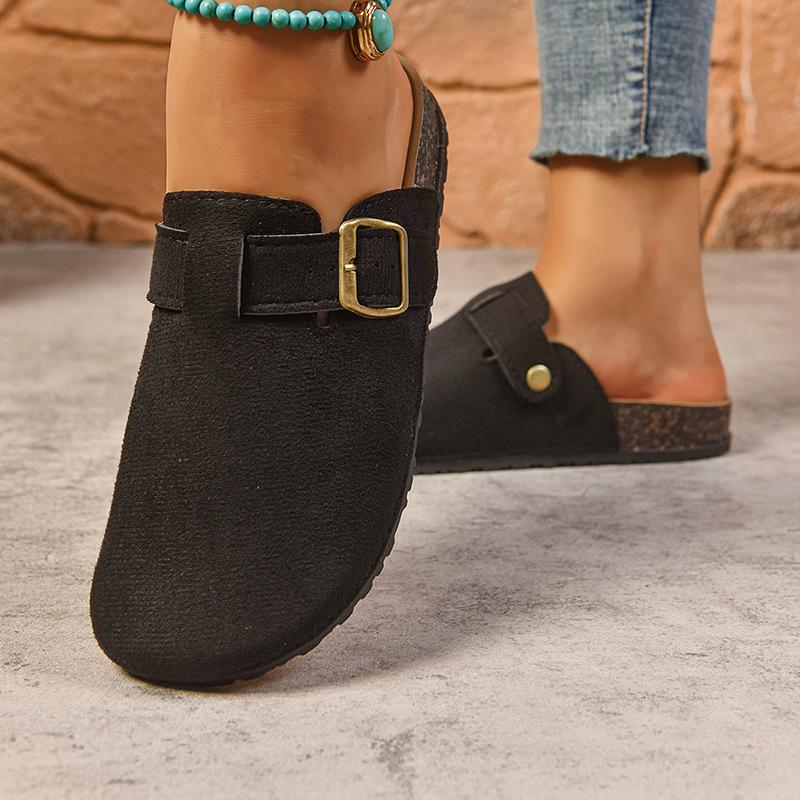 Fashion Buckle Decor Flat Slippers Women 2025 Summer Closed Toe Thick Sole Non Slip Flats Woman Plus Size Light Comfort Casual Slides