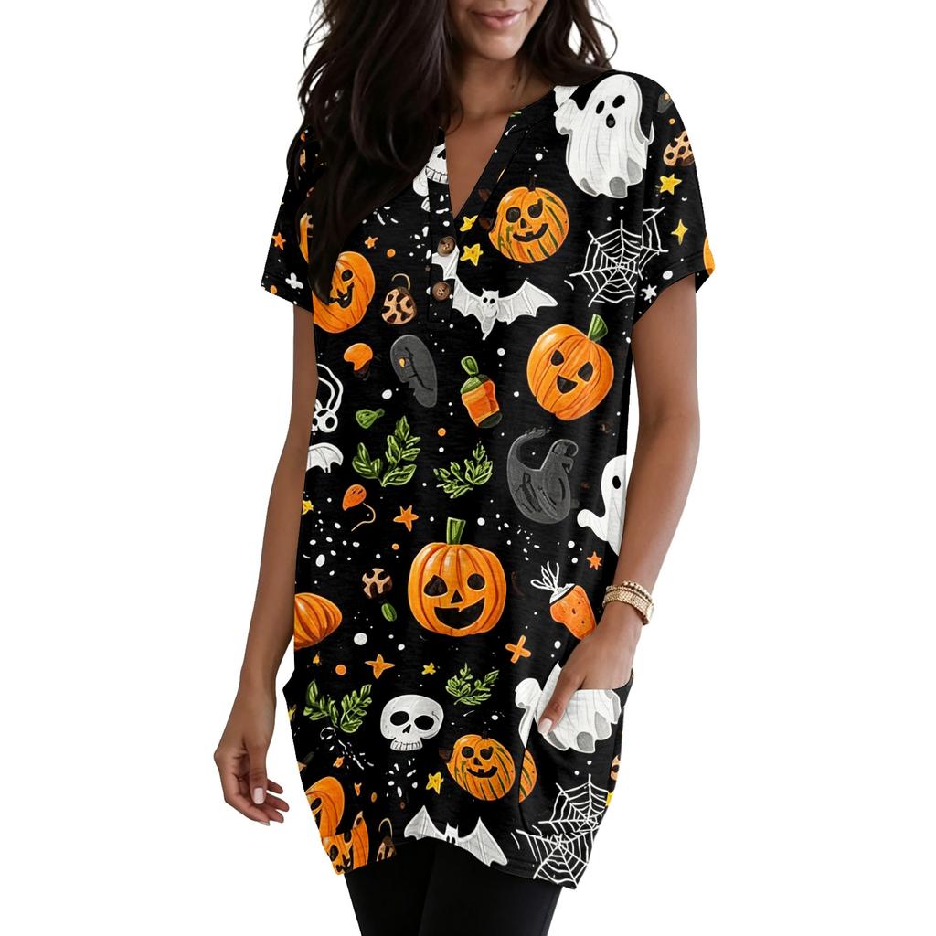 Women's V Neck Halloween Print Short Sleeve Pullover Dress with Pockets Casual Loose Fit Tunic Top