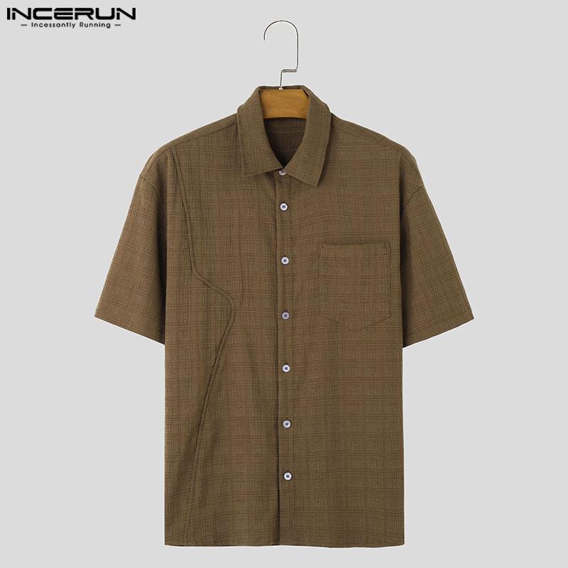 INCERUN Men Turn Down Collar Texture Shirts Plus Size Loose Tops